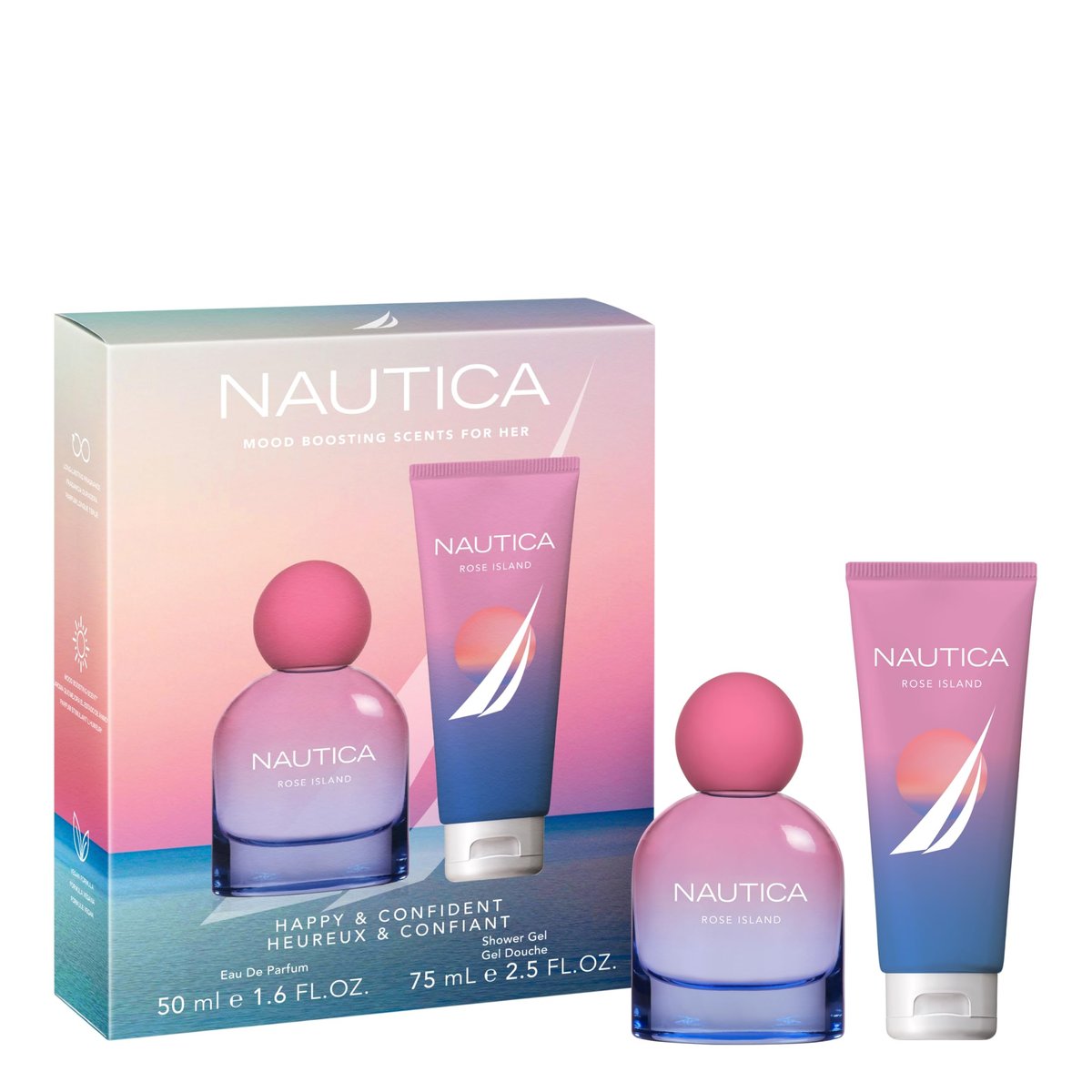 Nautica for Her Rose Island Geschenkset – 1,6 fl oz EDP + 2,5 fl oz Duschgel – Damenduft mit Zitrone, Rose und Moschus – langanhaltend, stimmungsaufhellend, vegane Formel