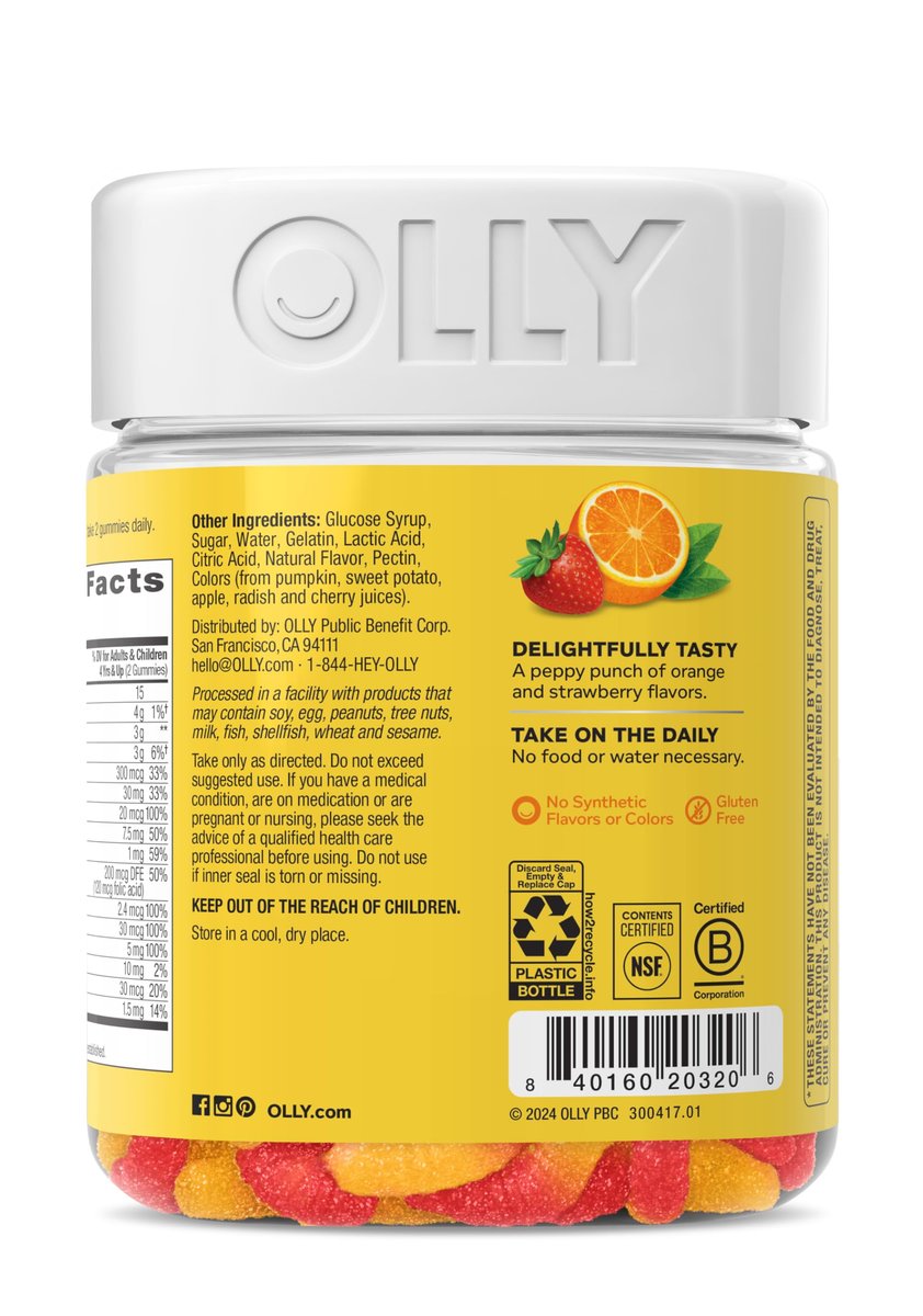 OLLY Kinder Multivitamin Gummibärchen - Gesunde Entwicklung & Immunsystem - Vitamine A, C, D, E, Bs & Zink - 100 Stück (45 Tage Vorrat)