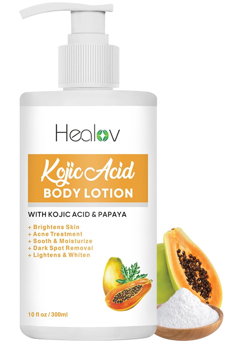 Kojicsäure Lotion – Hautaufhellende Körperlotion gegen Altersflecken, Hyperpigmentierung, Intimbereich – Dunkle Flecken entfernen, reduziert Akne, Narben und gleicht den Hautton aus – Kojicsäure Creme für einen helleren, strahlenden Look