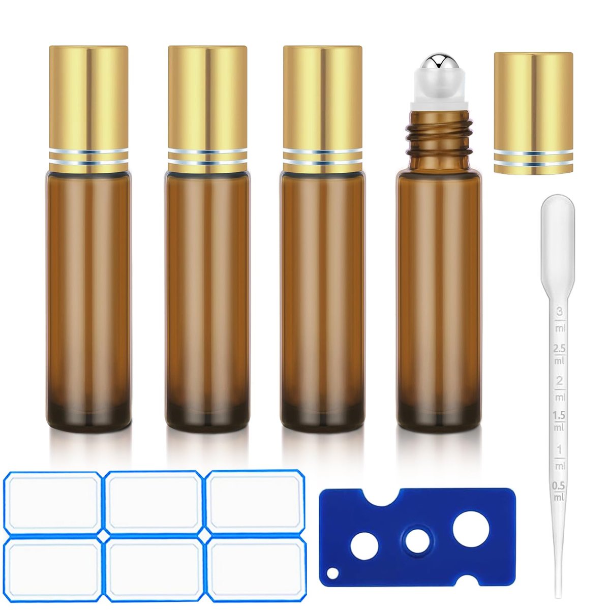 DTDNZKN 4er-Pack 0,34 oz (10 ml) Ätherische Öl Rollerflaschen – Nachfüllbare, auslaufsichere Amber-Glasflaschen mit Edelstahlkugel, Metalldeckel und Etiketten