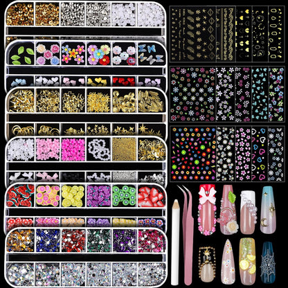 Teenitor Nagelverzierungen und Edelsteine Nagelkunst-Werkzeug, 6 Boxen 3D Nagelsteine mit 15 Blatt Nagelstickern für Nagelkunst, Blumen-Nagelaufkleber, Nagelstrasssteine, Nagelzubehör, Nagelperlen, Nagel-Deko