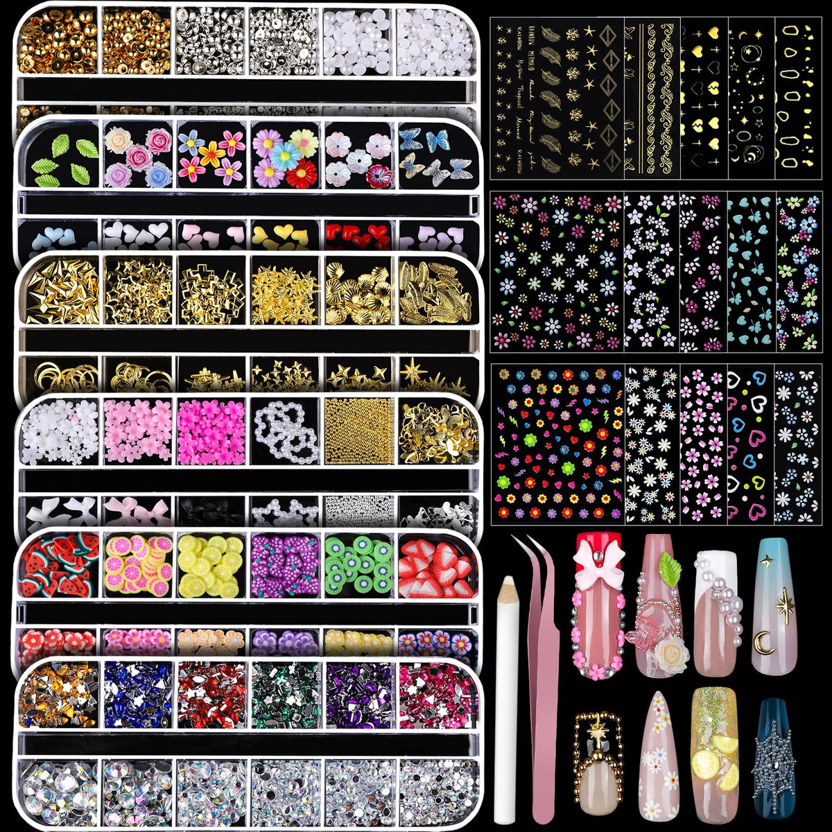 Teenitor Nagelverzierungen und Edelsteine Nagelkunst-Werkzeug, 6 Boxen 3D Nagelsteine mit 15 Blatt Nagelstickern für Nagelkunst, Blumen-Nagelaufkleber, Nagelstrasssteine, Nagelzubehör, Nagelperlen, Nagel-Deko