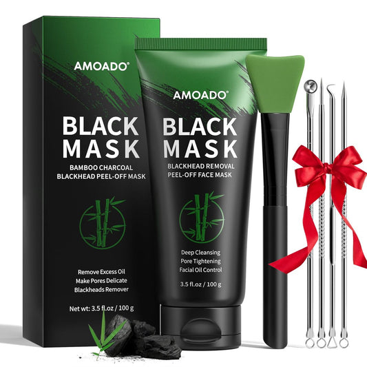 AMOADO Blackhead Remover Mask, Aktivkohle Peel-Off Gesichtsmaske, (100g) Tiefenreinigung der Poren, Ölkontrolle, Peeling-Maske gegen Mitesser für Männer & Frauen – Inklusive Pinsel und Extraktionswerkzeug