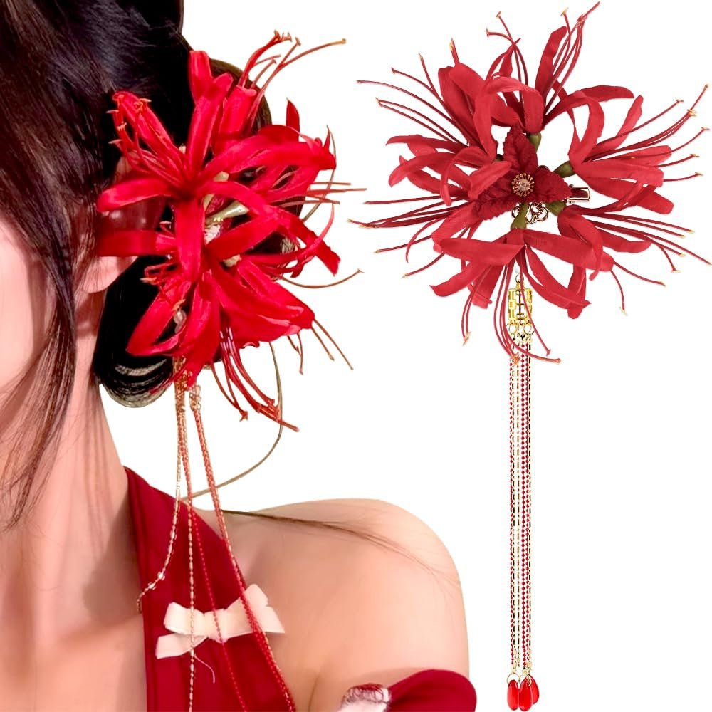 Rote Spinnenlilien-Haarclips für Frauen – Lycoris Radiata Quastenblüten-Haarspangen, dekorative Entenschnabel-Clips, süße Accessoires für die Seite