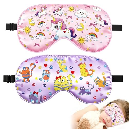 2er-Pack Schlafmaske für Kinder – Seidige Augenabdeckung mit verstellbarem Band & Lichtblockierung – Regenbogen-Einhorn-Design für Mädchen