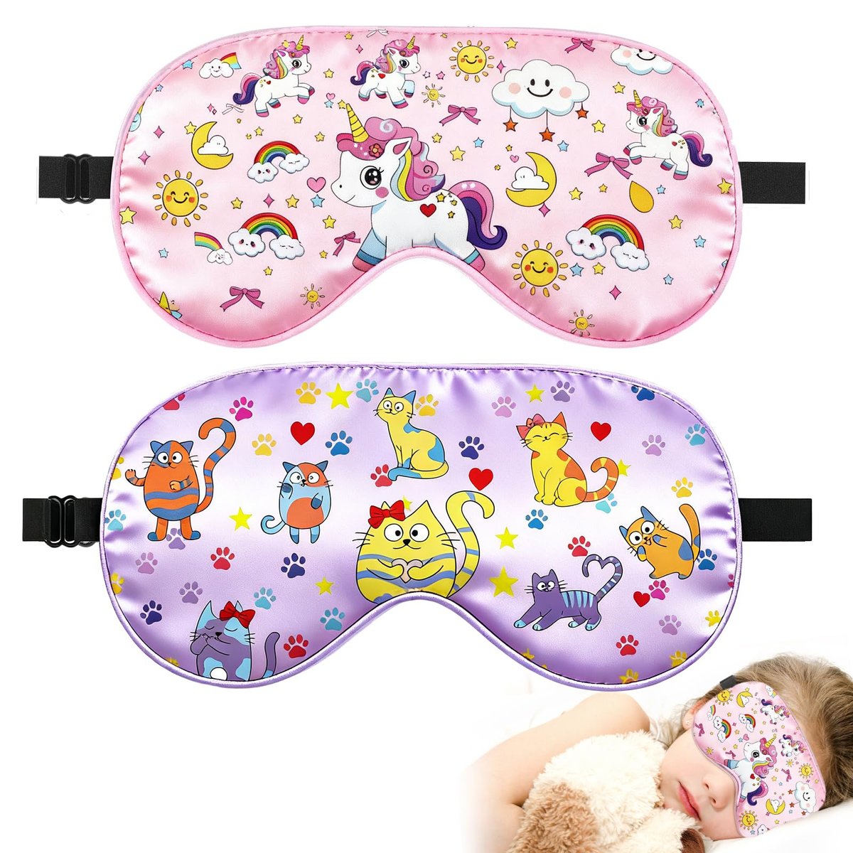 2er-Pack Schlafmaske für Kinder – Seidige Augenabdeckung mit verstellbarem Band & Lichtblockierung – Regenbogen-Einhorn-Design für Mädchen