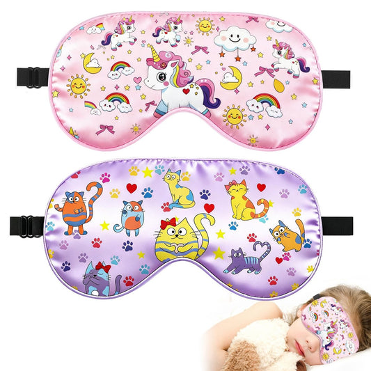 2er-Pack Schlafmaske für Kinder – Seidige Augenabdeckung mit verstellbarem Band & Lichtblockierung – Regenbogen-Einhorn-Design für Mädchen