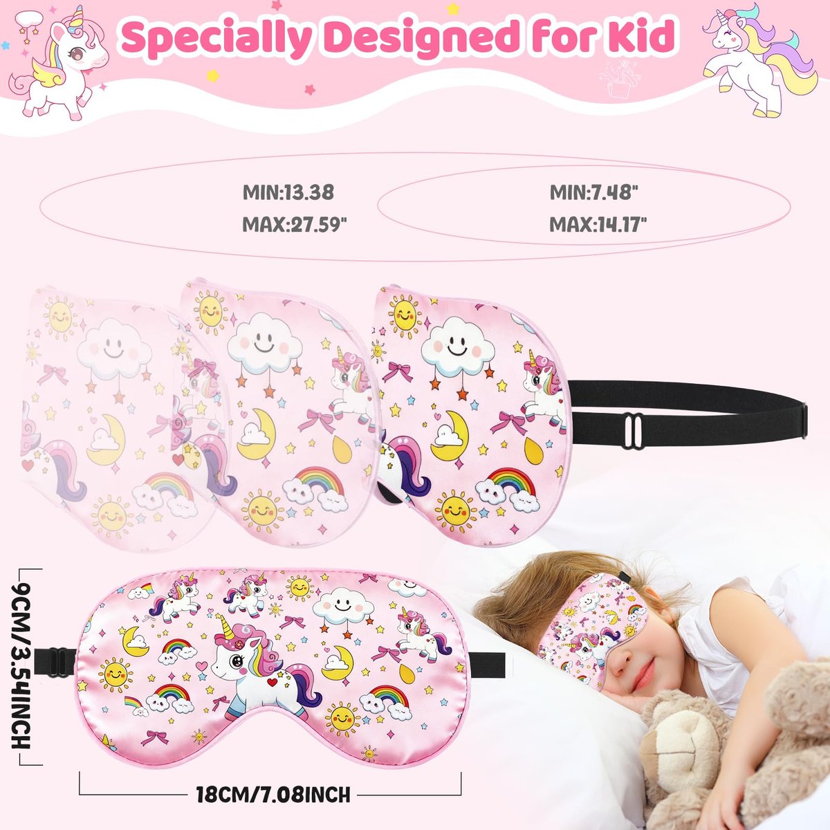 2er-Pack Schlafmaske für Kinder – Seidige Augenabdeckung mit verstellbarem Band & Lichtblockierung – Regenbogen-Einhorn-Design für Mädchen