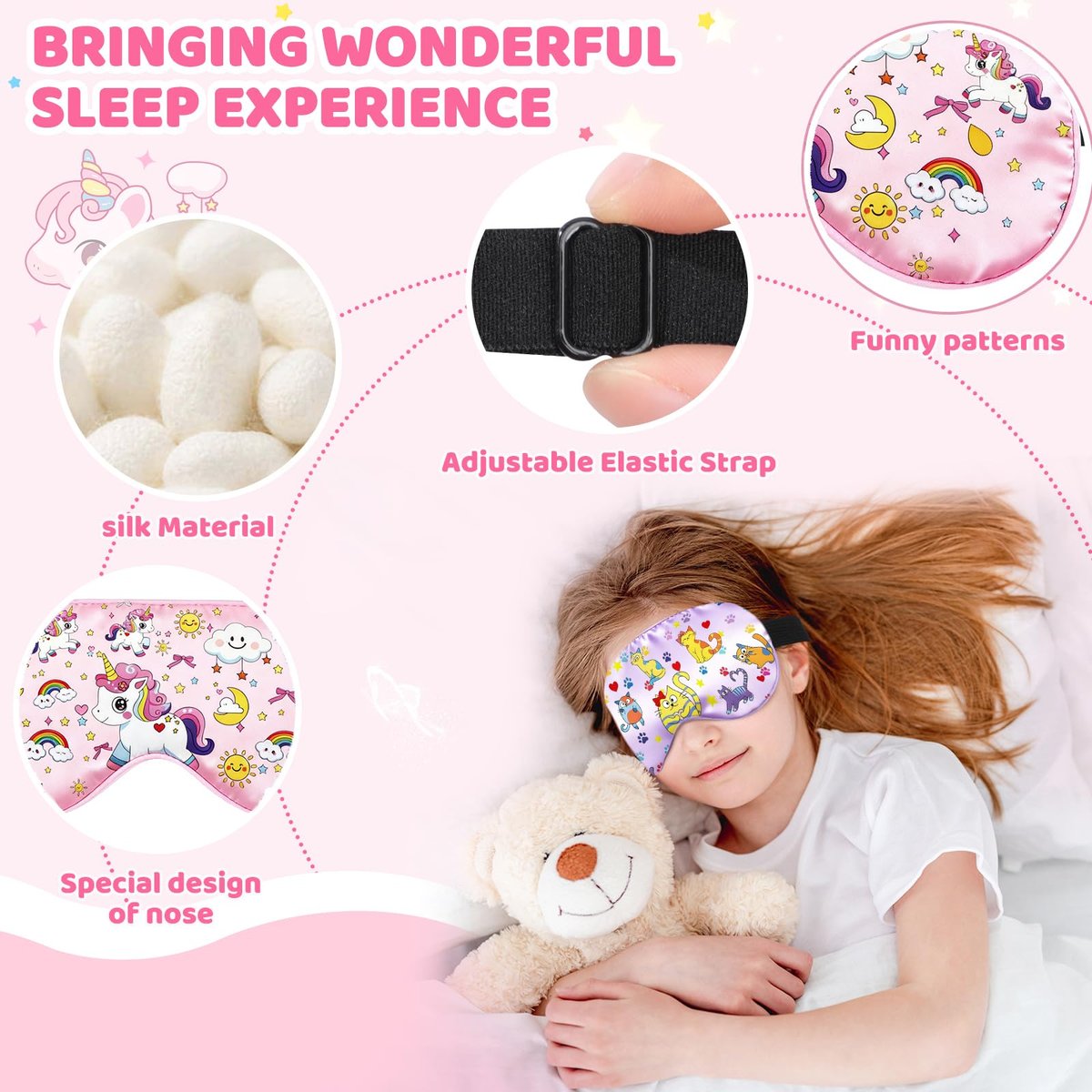 2er-Pack Schlafmaske für Kinder – Seidige Augenabdeckung mit verstellbarem Band & Lichtblockierung – Regenbogen-Einhorn-Design für Mädchen
