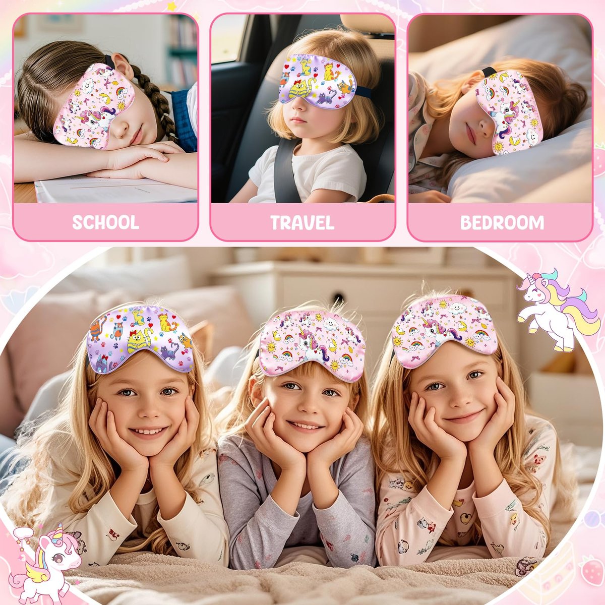 2er-Pack Schlafmaske für Kinder – Seidige Augenabdeckung mit verstellbarem Band & Lichtblockierung – Regenbogen-Einhorn-Design für Mädchen