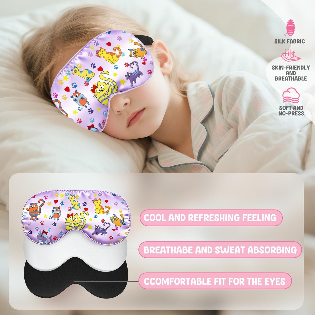 2er-Pack Schlafmaske für Kinder – Seidige Augenabdeckung mit verstellbarem Band & Lichtblockierung – Regenbogen-Einhorn-Design für Mädchen