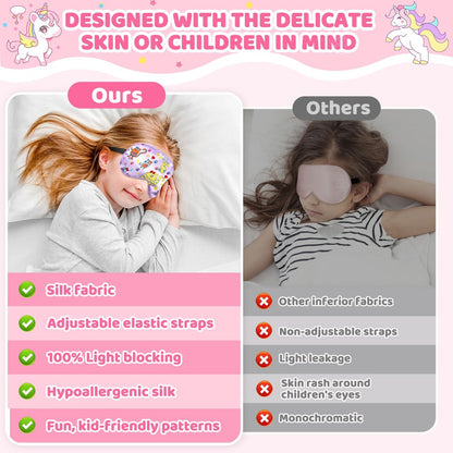 2er-Pack Schlafmaske für Kinder – Seidige Augenabdeckung mit verstellbarem Band & Lichtblockierung – Regenbogen-Einhorn-Design für Mädchen