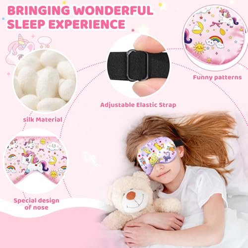 2er-Pack Schlafmaske für Kinder – Seidige Augenabdeckung mit verstellbarem Band & Lichtblockierung – Regenbogen-Einhorn-Design für Mädchen