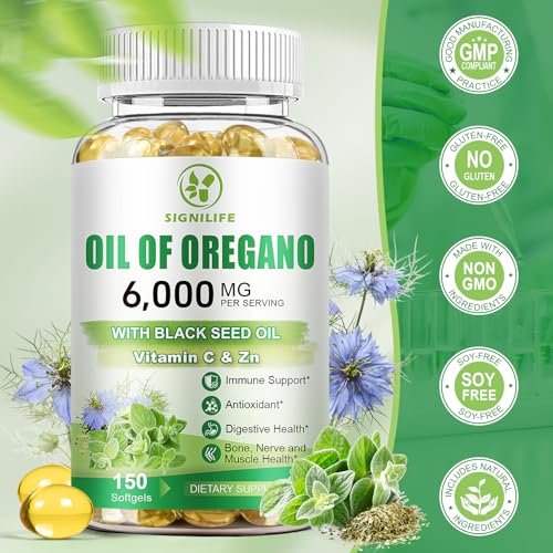 SIGNILIFE Oreganoöl mit Schwarzkümmelöl, 6000 mg Oreganoöl Kapseln für Immununterstützung mit hohem Carvacrol & Thymoquinon, Antioxidans, Nicht-GVO, Glutenfrei, 150 Weichkapseln