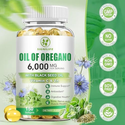 SIGNILIFE Oreganoöl mit Schwarzkümmelöl, 6000 mg Oreganoöl Kapseln für Immununterstützung mit hohem Carvacrol & Thymoquinon, Antioxidans, Nicht-GVO, Glutenfrei, 150 Weichkapseln