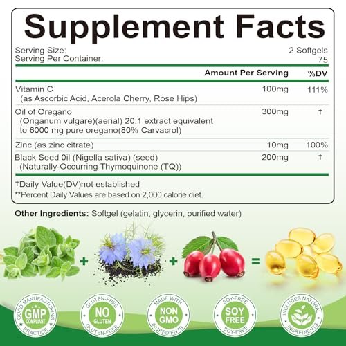 SIGNILIFE Oreganoöl mit Schwarzkümmelöl, 6000 mg Oreganoöl Kapseln für Immununterstützung mit hohem Carvacrol & Thymoquinon, Antioxidans, Nicht-GVO, Glutenfrei, 150 Weichkapseln