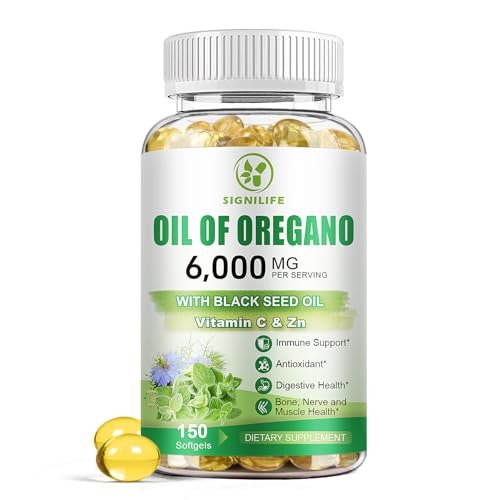SIGNILIFE Oreganoöl mit Schwarzkümmelöl, 6000 mg Oreganoöl Kapseln für Immununterstützung mit hohem Carvacrol & Thymoquinon, Antioxidans, Nicht-GVO, Glutenfrei, 150 Weichkapseln
