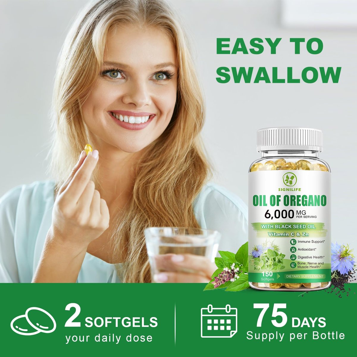 SIGNILIFE Oreganoöl mit Schwarzkümmelöl, 6000 mg Oreganoöl Kapseln für Immununterstützung mit hohem Carvacrol & Thymoquinon, Antioxidans, Nicht-GVO, Glutenfrei, 150 Weichkapseln