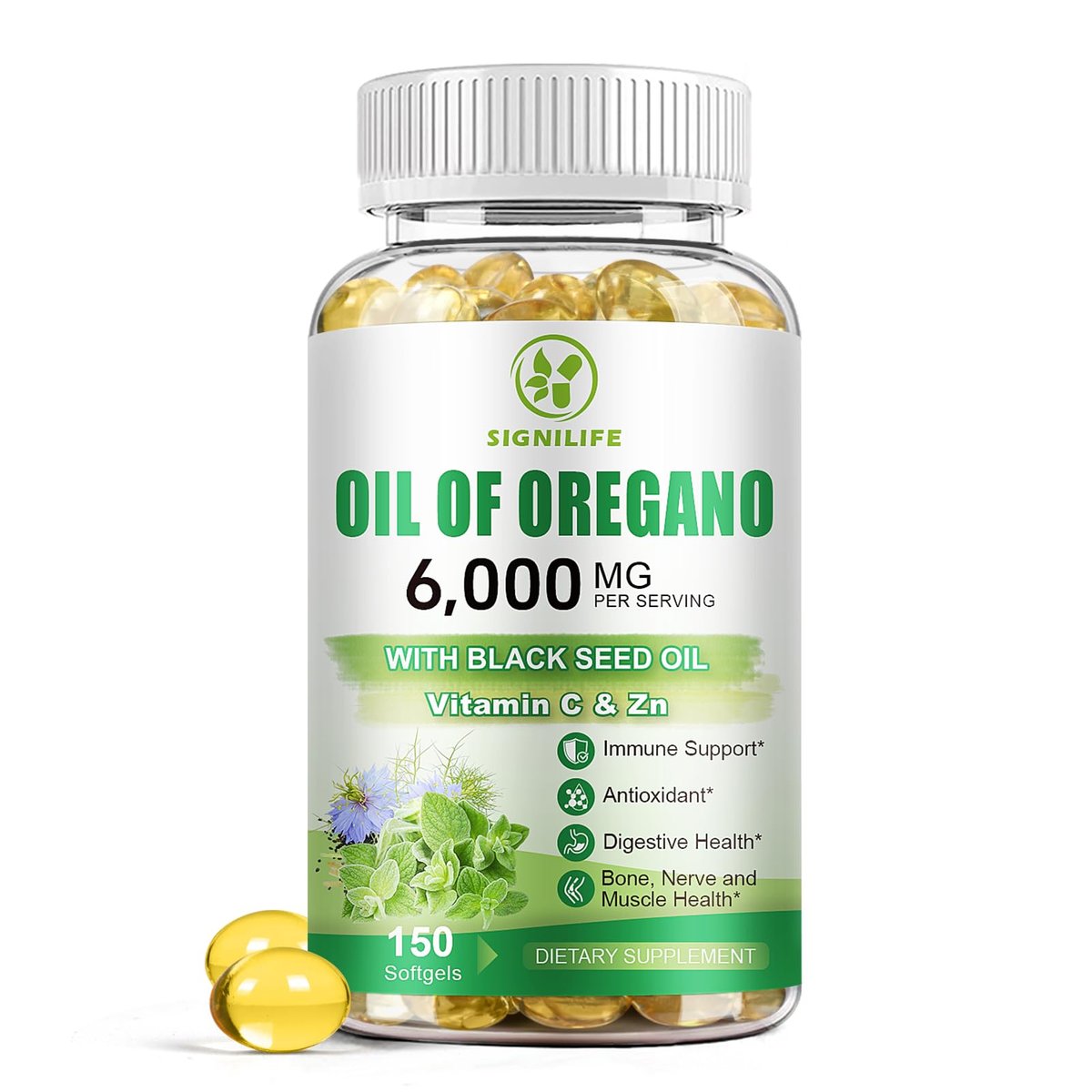 SIGNILIFE Oreganoöl mit Schwarzkümmelöl, 6000 mg Oreganoöl Kapseln für Immununterstützung mit hohem Carvacrol & Thymoquinon, Antioxidans, Nicht-GVO, Glutenfrei, 150 Weichkapseln