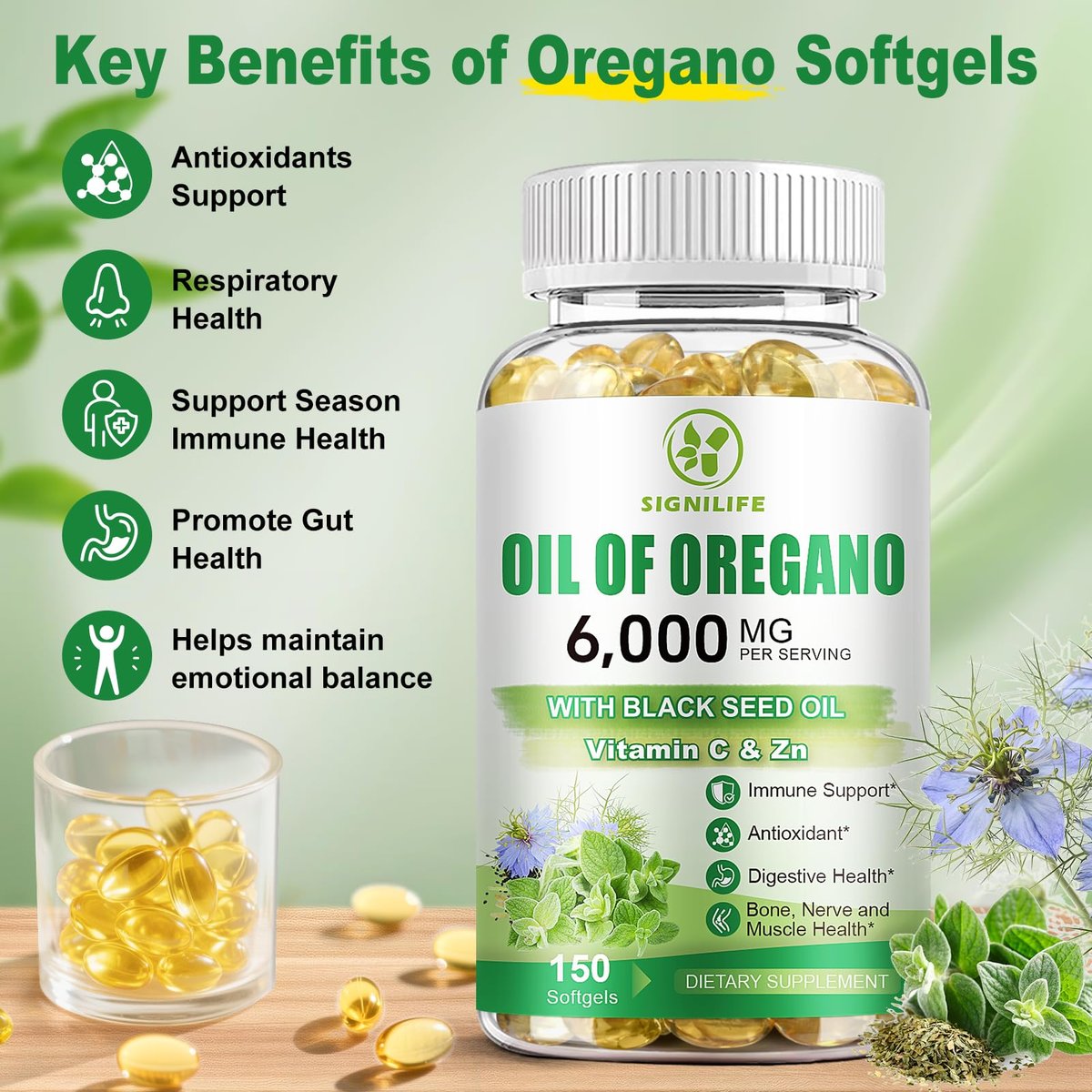 SIGNILIFE Oreganoöl mit Schwarzkümmelöl, 6000 mg Oreganoöl Kapseln für Immununterstützung mit hohem Carvacrol & Thymoquinon, Antioxidans, Nicht-GVO, Glutenfrei, 150 Weichkapseln