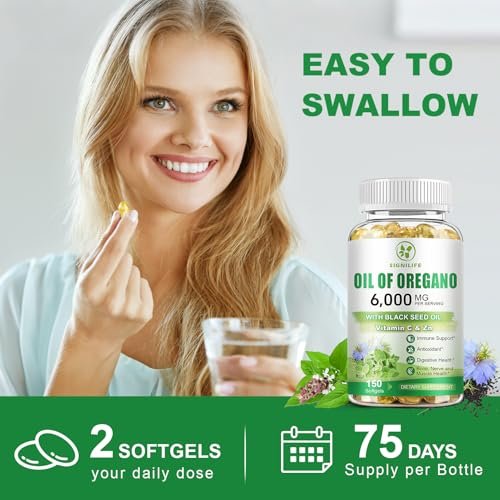 SIGNILIFE Oreganoöl mit Schwarzkümmelöl, 6000 mg Oreganoöl Kapseln für Immununterstützung mit hohem Carvacrol & Thymoquinon, Antioxidans, Nicht-GVO, Glutenfrei, 150 Weichkapseln