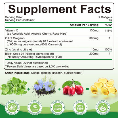 SIGNILIFE Oreganoöl mit Schwarzkümmelöl, 6000 mg Oreganoöl Kapseln für Immununterstützung mit hohem Carvacrol & Thymoquinon, Antioxidans, Nicht-GVO, Glutenfrei, 150 Weichkapseln