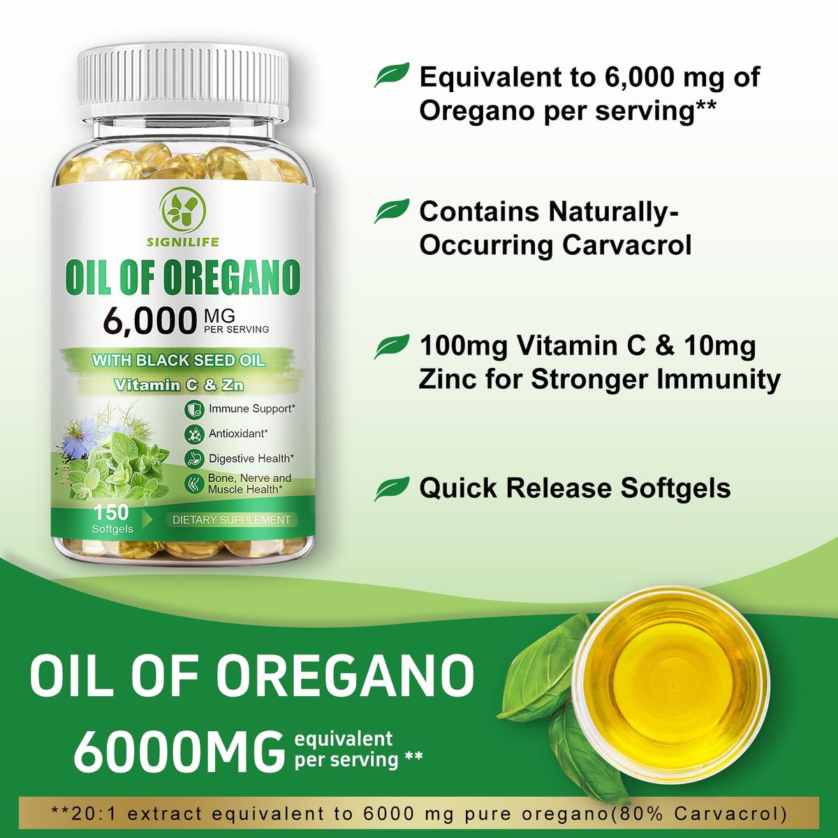 SIGNILIFE Oreganoöl mit Schwarzkümmelöl, 6000 mg Oreganoöl Kapseln für Immununterstützung mit hohem Carvacrol & Thymoquinon, Antioxidans, Nicht-GVO, Glutenfrei, 150 Weichkapseln