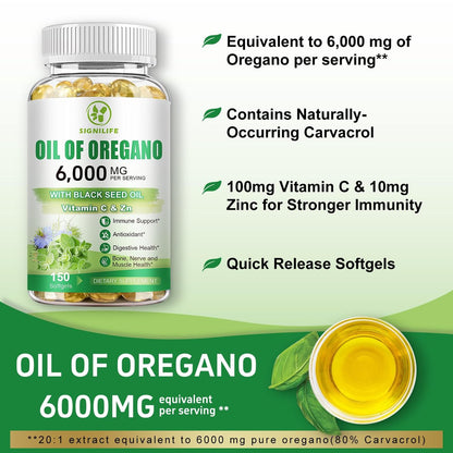 SIGNILIFE Oreganoöl mit Schwarzkümmelöl, 6000 mg Oreganoöl Kapseln für Immununterstützung mit hohem Carvacrol & Thymoquinon, Antioxidans, Nicht-GVO, Glutenfrei, 150 Weichkapseln