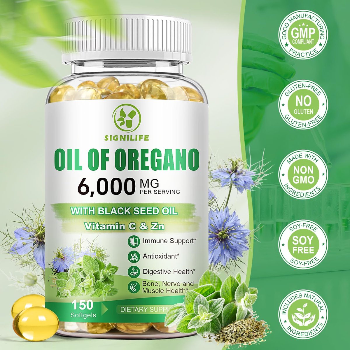 SIGNILIFE Oreganoöl mit Schwarzkümmelöl, 6000 mg Oreganoöl Kapseln für Immununterstützung mit hohem Carvacrol & Thymoquinon, Antioxidans, Nicht-GVO, Glutenfrei, 150 Weichkapseln