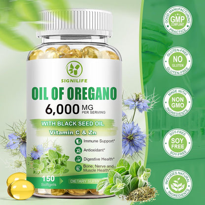 SIGNILIFE Oreganoöl mit Schwarzkümmelöl, 6000 mg Oreganoöl Kapseln für Immununterstützung mit hohem Carvacrol & Thymoquinon, Antioxidans, Nicht-GVO, Glutenfrei, 150 Weichkapseln