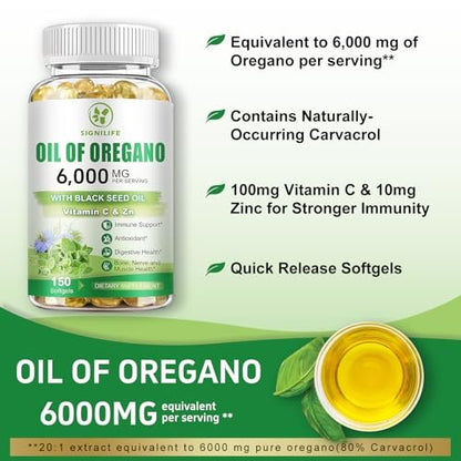 SIGNILIFE Oreganoöl mit Schwarzkümmelöl, 6000 mg Oreganoöl Kapseln für Immununterstützung mit hohem Carvacrol & Thymoquinon, Antioxidans, Nicht-GVO, Glutenfrei, 150 Weichkapseln