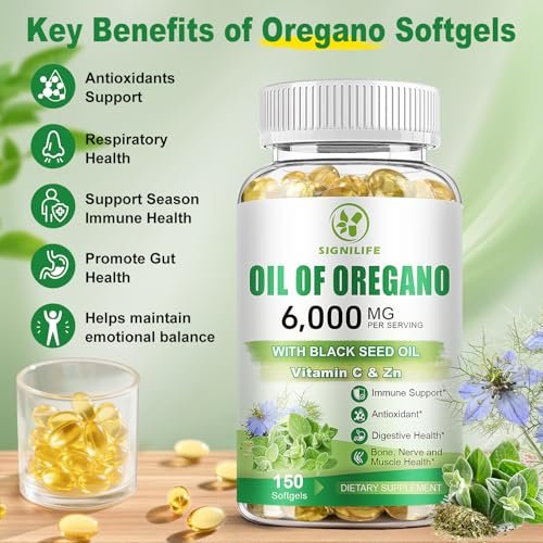 SIGNILIFE Oreganoöl mit Schwarzkümmelöl, 6000 mg Oreganoöl Kapseln für Immununterstützung mit hohem Carvacrol & Thymoquinon, Antioxidans, Nicht-GVO, Glutenfrei, 150 Weichkapseln