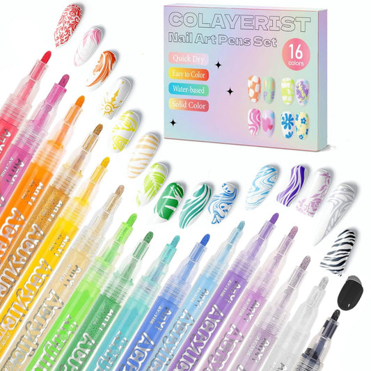 COLAYERIST Nagelkunststifte, 16 Farben Acryl-Nagellackstifte Set Schnell trocknend, 3D Gel Nagellackstift Graffiti Dotting Drawing Painting Liner Maniküre für Zuhause und Salon DIY