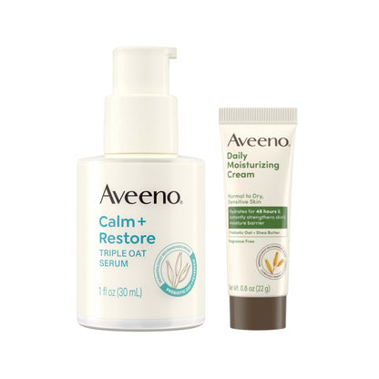 Aveeno Hautpflege-Set für empfindliche Haut: Calm + Restore Triple Oat Hydrating Facial Serum (30 ml) & Reisegröße Daily Moisturizing Cream + Prebiotic Oat (15 ml) – Duftfrei, 2-teilig