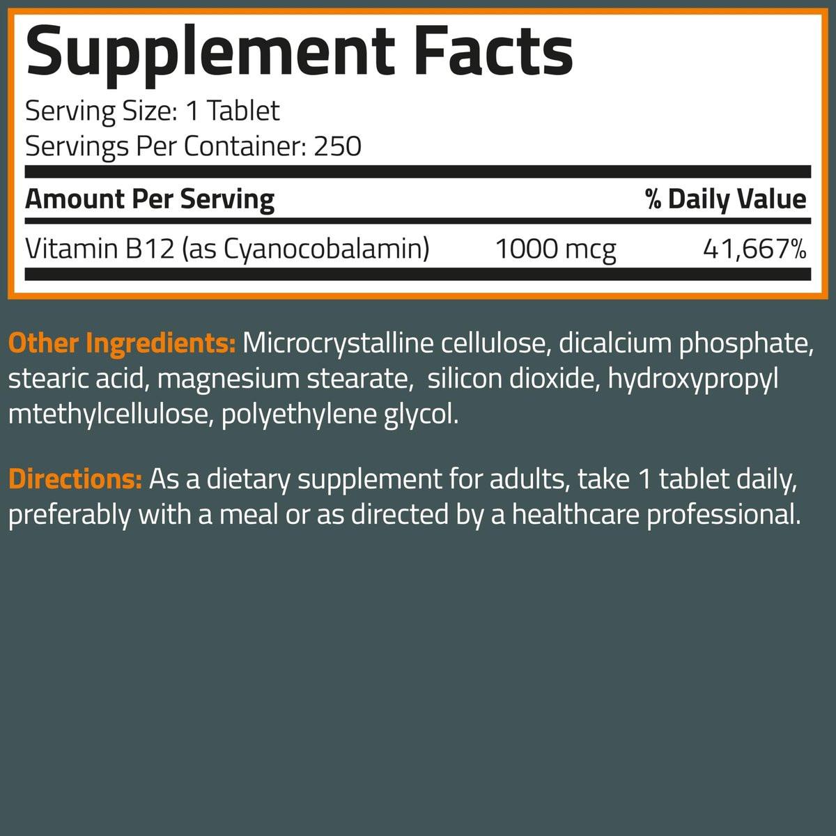 Bronson Vitamin B12 1000 mcg – Tägliche Nahrungsergänzung, Non-GMO, 250 vegane Tabletten