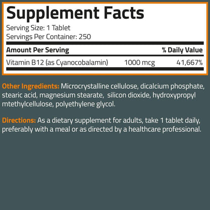Bronson Vitamin B12 1000 mcg – Tägliche Nahrungsergänzung, Non-GMO, 250 vegane Tabletten