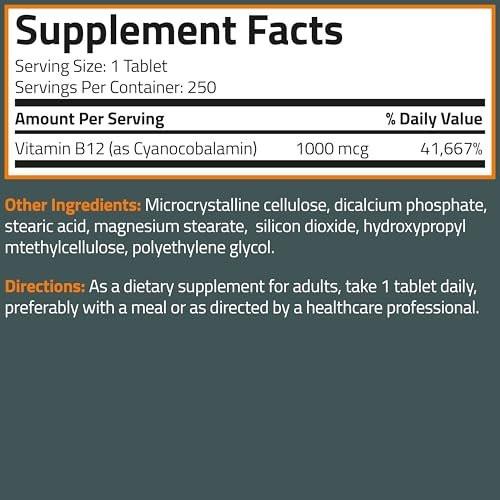 Bronson Vitamin B12 1000 mcg – Tägliche Nahrungsergänzung, Non-GMO, 250 vegane Tabletten