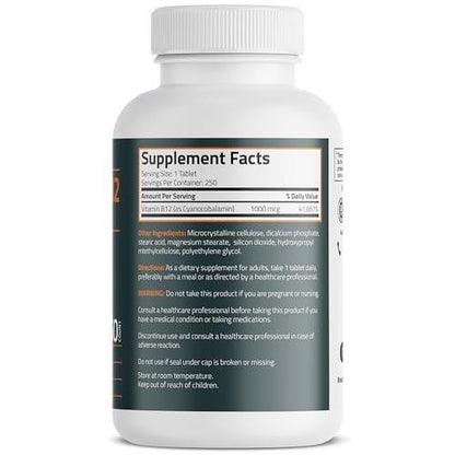 Bronson Vitamin B12 1000 mcg – Tägliche Nahrungsergänzung, Non-GMO, 250 vegane Tabletten