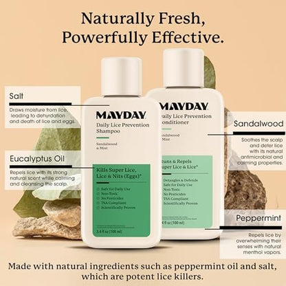 MAYDAY 3.4oz Läuse-Präventions-Shampoo & Läuse-Bekämpfungs-Conditioner Bundle – Sandelholz & Minze, ungiftig, pestizidfrei, wissenschaftlich erwiesener Schutz vor Läusen, sicher für alle Haartypen