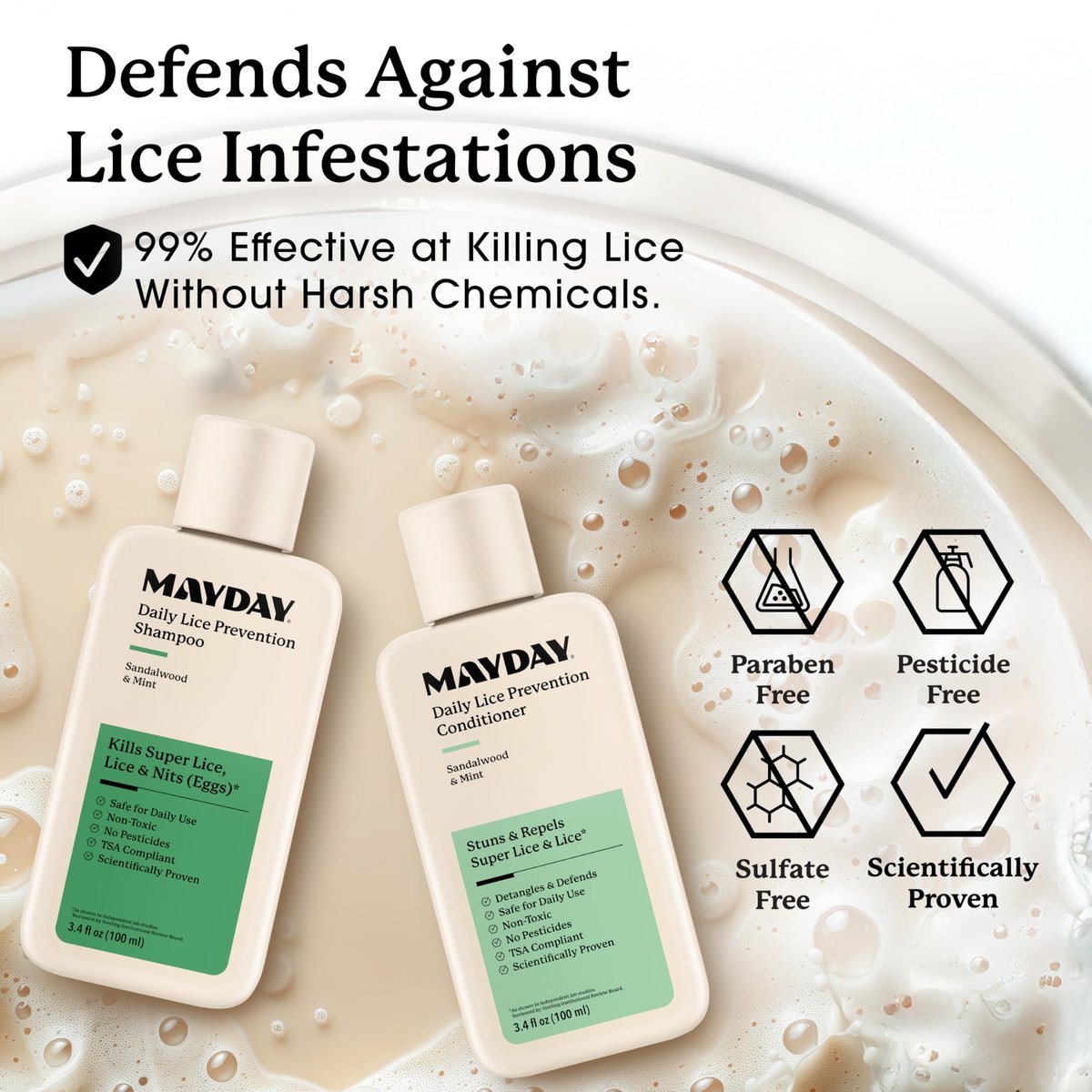 MAYDAY 3.4oz Läuse-Präventions-Shampoo & Läuse-Bekämpfungs-Conditioner Bundle – Sandelholz & Minze, ungiftig, pestizidfrei, wissenschaftlich erwiesener Schutz vor Läusen, sicher für alle Haartypen