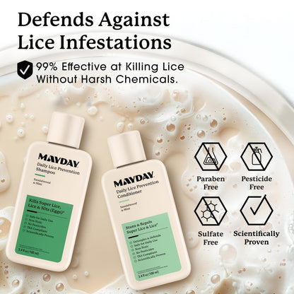 MAYDAY 3.4oz Läuse-Präventions-Shampoo & Läuse-Bekämpfungs-Conditioner Bundle – Sandelholz & Minze, ungiftig, pestizidfrei, wissenschaftlich erwiesener Schutz vor Läusen, sicher für alle Haartypen