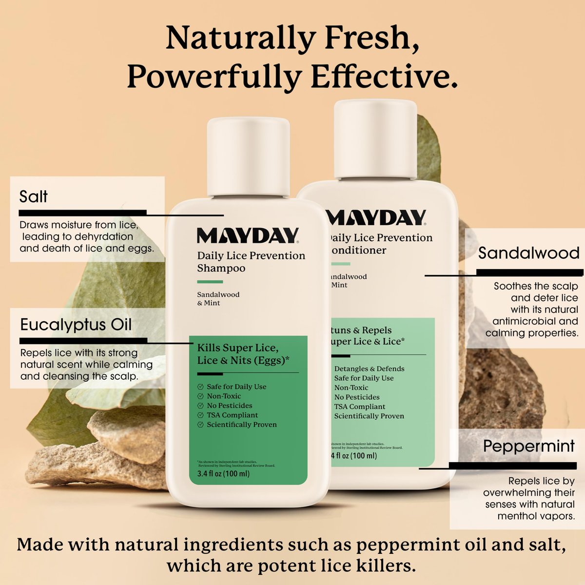 MAYDAY 3.4oz Läuse-Präventions-Shampoo & Läuse-Bekämpfungs-Conditioner Bundle – Sandelholz & Minze, ungiftig, pestizidfrei, wissenschaftlich erwiesener Schutz vor Läusen, sicher für alle Haartypen