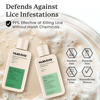 MAYDAY 3.4oz Läuse-Präventions-Shampoo & Läuse-Bekämpfungs-Conditioner Bundle – Sandelholz & Minze, ungiftig, pestizidfrei, wissenschaftlich erwiesener Schutz vor Läusen, sicher für alle Haartypen