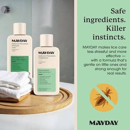 MAYDAY 3.4oz Läuse-Präventions-Shampoo & Läuse-Bekämpfungs-Conditioner Bundle – Sandelholz & Minze, ungiftig, pestizidfrei, wissenschaftlich erwiesener Schutz vor Läusen, sicher für alle Haartypen