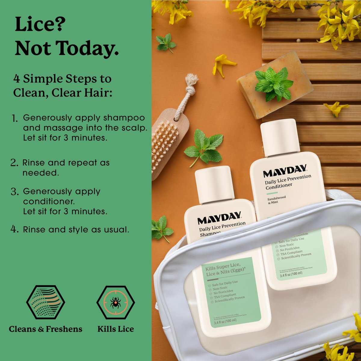 MAYDAY 3.4oz Läuse-Präventions-Shampoo & Läuse-Bekämpfungs-Conditioner Bundle – Sandelholz & Minze, ungiftig, pestizidfrei, wissenschaftlich erwiesener Schutz vor Läusen, sicher für alle Haartypen