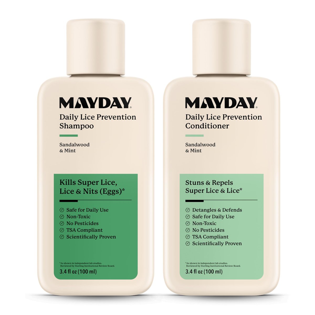 MAYDAY 3.4oz Läuse-Präventions-Shampoo & Läuse-Bekämpfungs-Conditioner Bundle – Sandelholz & Minze, ungiftig, pestizidfrei, wissenschaftlich erwiesener Schutz vor Läusen, sicher für alle Haartypen