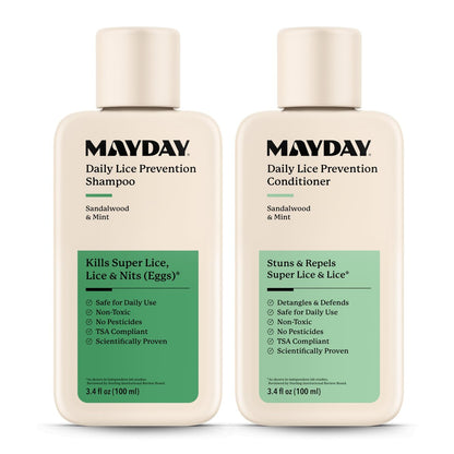 MAYDAY 3.4oz Läuse-Präventions-Shampoo & Läuse-Bekämpfungs-Conditioner Bundle – Sandelholz & Minze, ungiftig, pestizidfrei, wissenschaftlich erwiesener Schutz vor Läusen, sicher für alle Haartypen