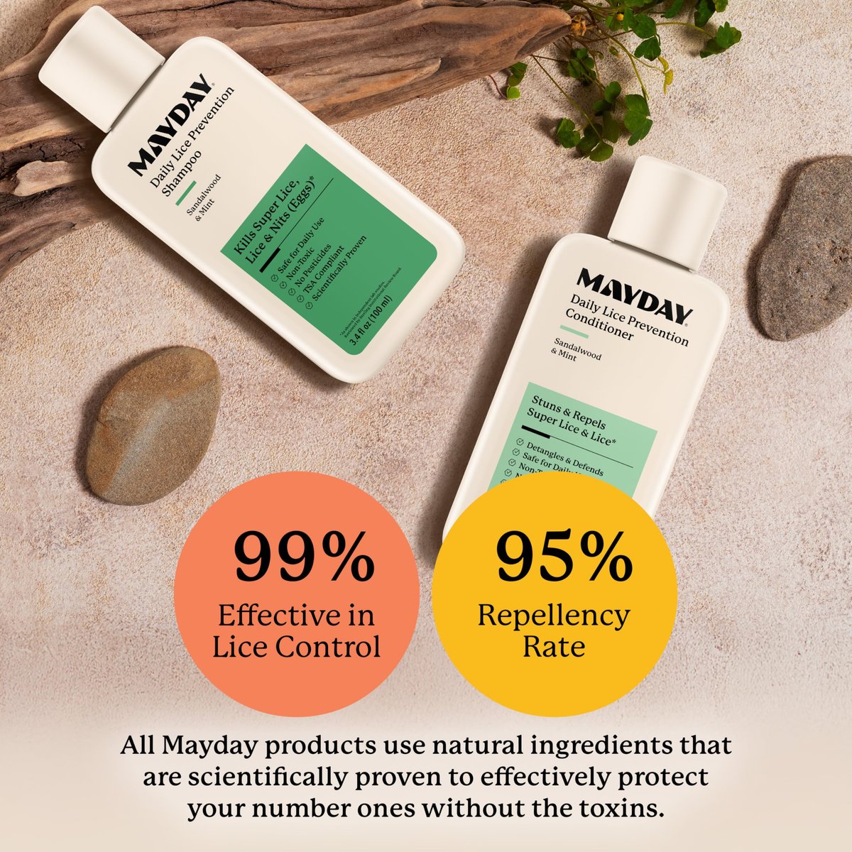 MAYDAY 3.4oz Läuse-Präventions-Shampoo & Läuse-Bekämpfungs-Conditioner Bundle – Sandelholz & Minze, ungiftig, pestizidfrei, wissenschaftlich erwiesener Schutz vor Läusen, sicher für alle Haartypen