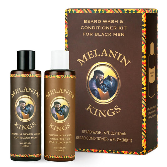 Melanin Kings Bartwäsche & Conditioner Set für Schwarze Männer – Sanfte Reinigung, Feuchtigkeit & Pflege für krause, trockene und lockige Bärte – Afrikanische Ölmischung mit Baobab, Marula, Argan & Jojoba
