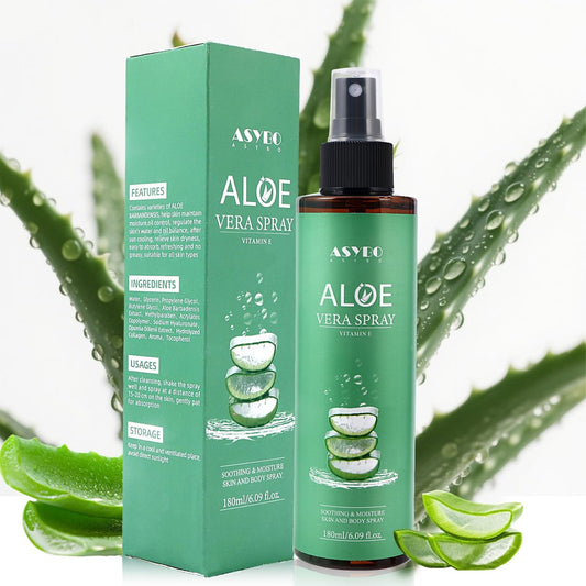 ASYBO Aloe Vera Spray 180 ml – 99 % Bio reines Aloe Vera Spray für Gesicht, Körper & Haare, After-Sun-Gesichtsfeuchtigkeitscreme mit Vitamin E, schnell einziehend und leicht zu transportieren